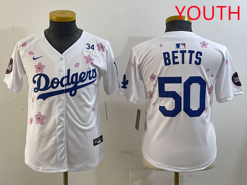 Youth Los Angeles Dodgers #50 Betts White Sakura Edition 2025 Nike MLB Jersey style 4->youth mlb jersey->Youth Jersey